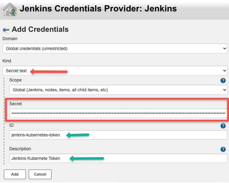 Add Kubernetes service account token as Jenkins credential