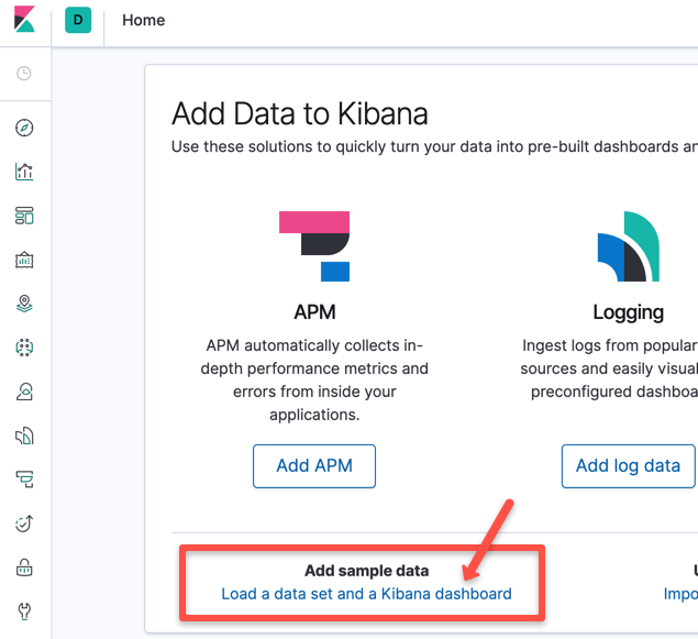 Kibana option to load sample data set.