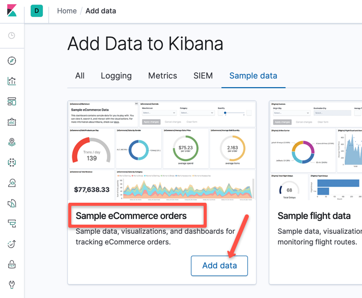 Add Sample eCommerce orders data to Kibana