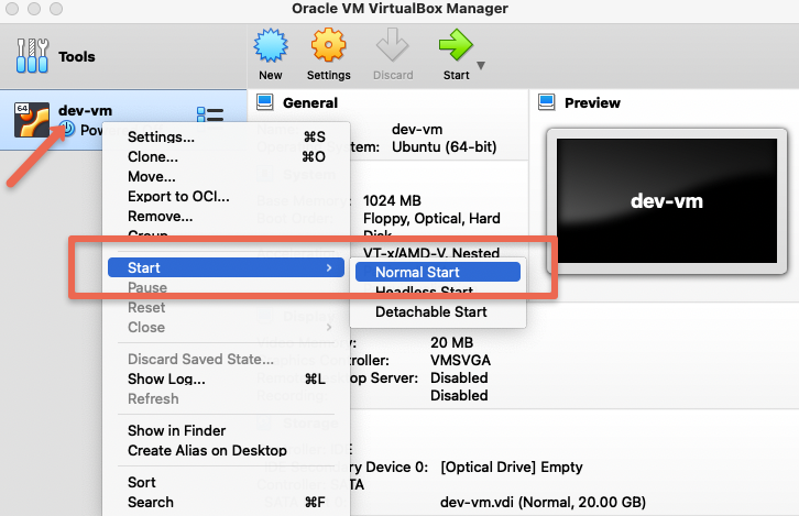 Start virtual box VM