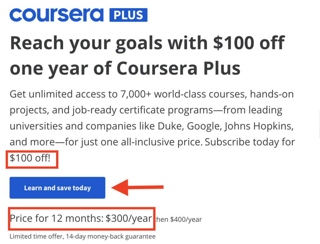 coursera plus discount page.
