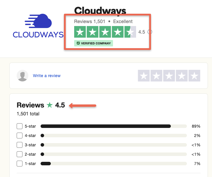 Cloudways Trustpilot rating.