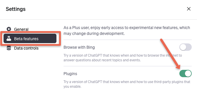 ChatGPT Plugins enable option under Beta Features