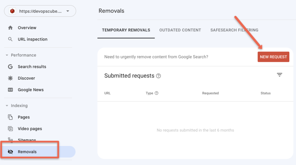 Google search console URL removal option