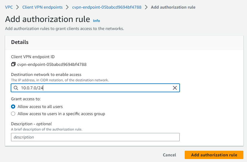 Configure the authorization rule for the client VPN endpoint.