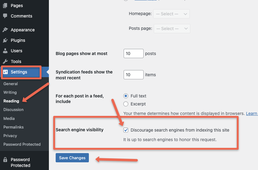 Wordpress setting to disable search engine visibility