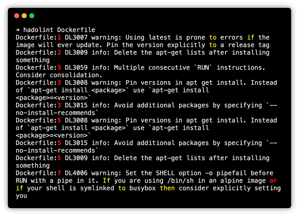 Hadolint output with warnings and info levels