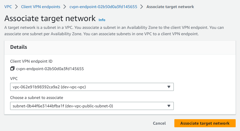 target network with the client VPN endpoint.