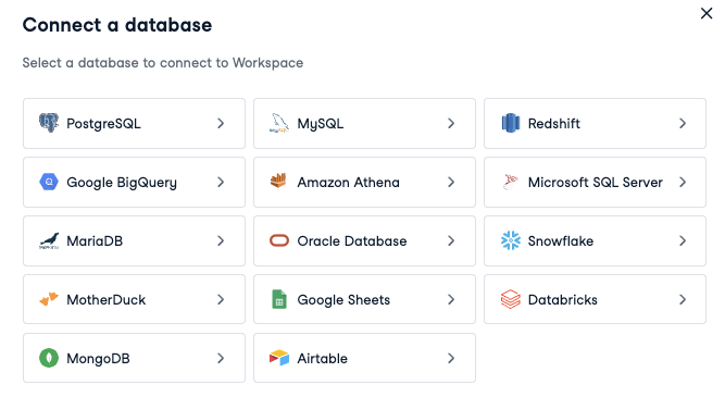 Datacamp workspace supported databases.