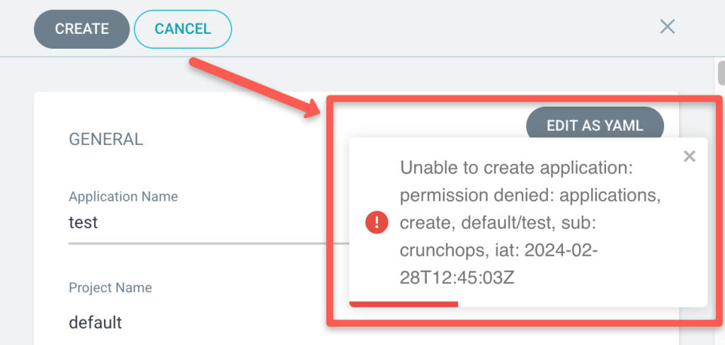 Permission denied error beacuse of no permission to create application on Argo CD