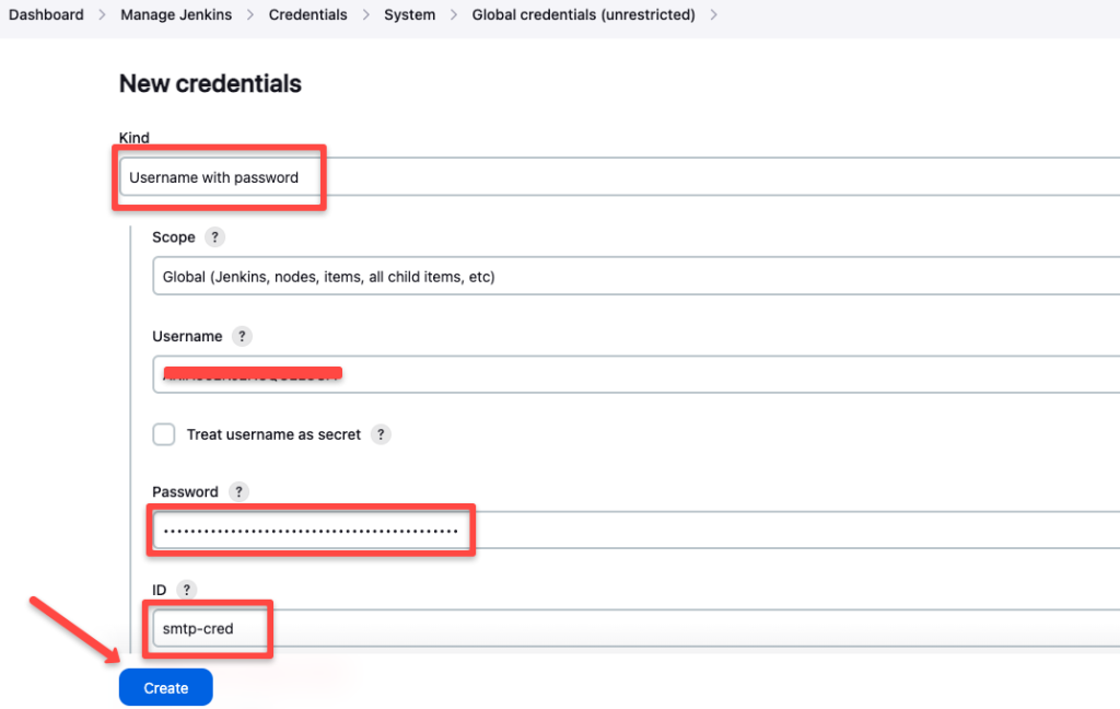 creating Jenkins credential with SMTP username and password