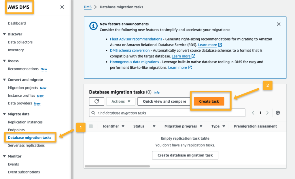 the dms migration task creation page