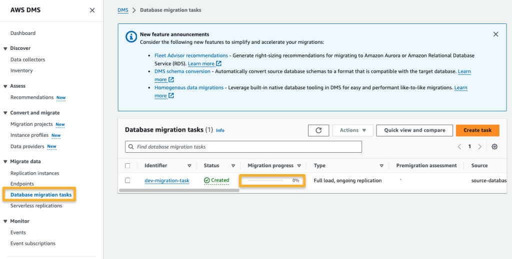 migration task completion and status 