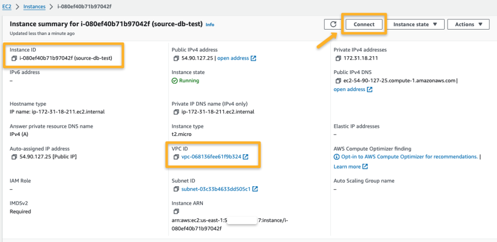 the ec2 instance to connect the source rds and look the existing data