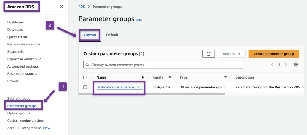 the parameter group creation for the destination rds