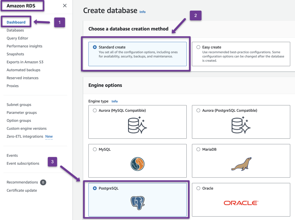 the destination database creation, choosing the creation method and engine type