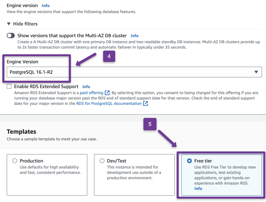 the database engine version and the templates for the destination rds creation