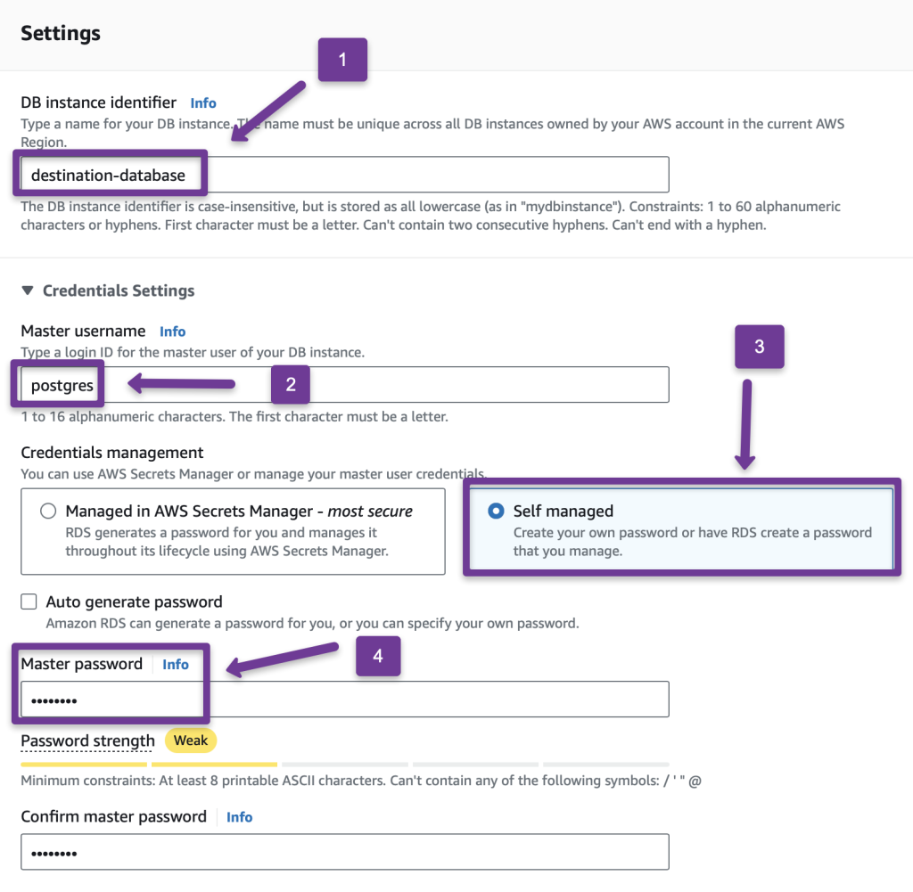 the settings section of the rds creation and this section has the db identifier, credentials settings.