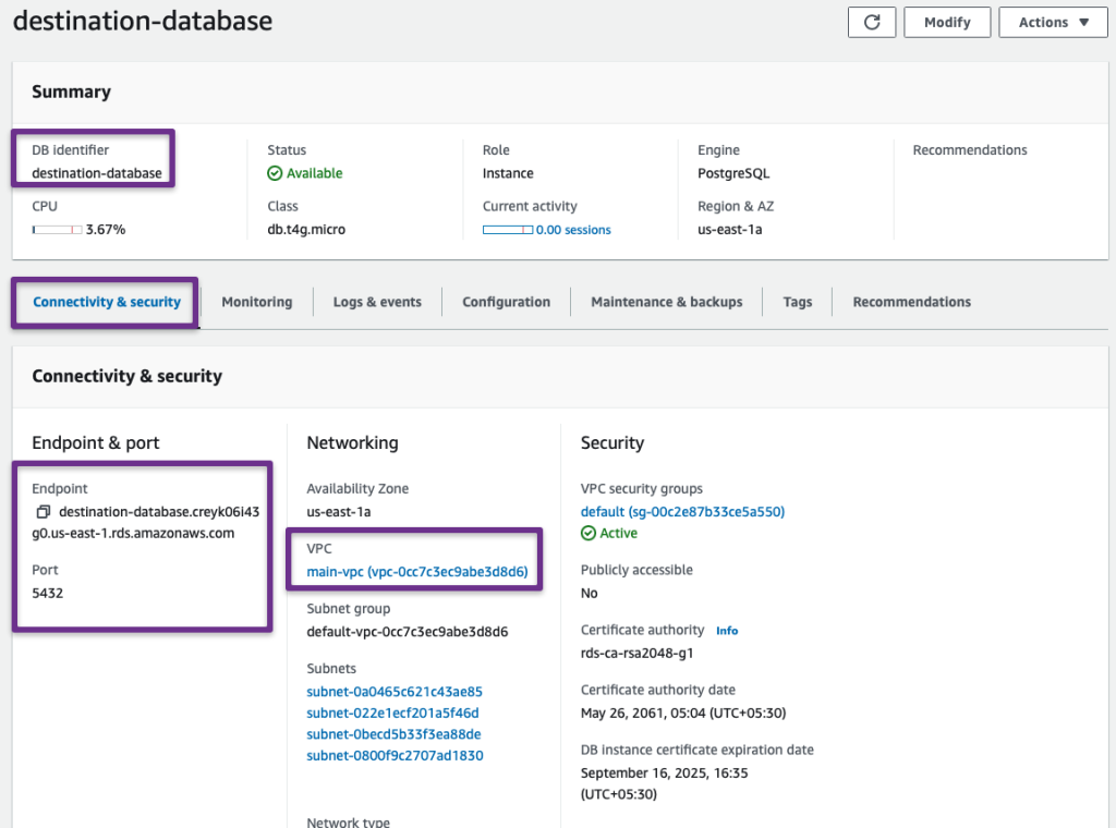 destination databse configuration after the creation of database