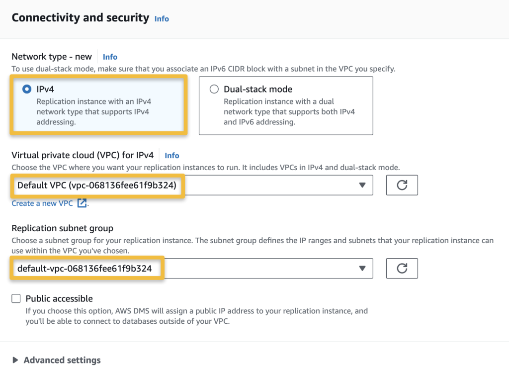 connectivity and security section of the dms replication instance and the configurations such as network type, vpc, subnet