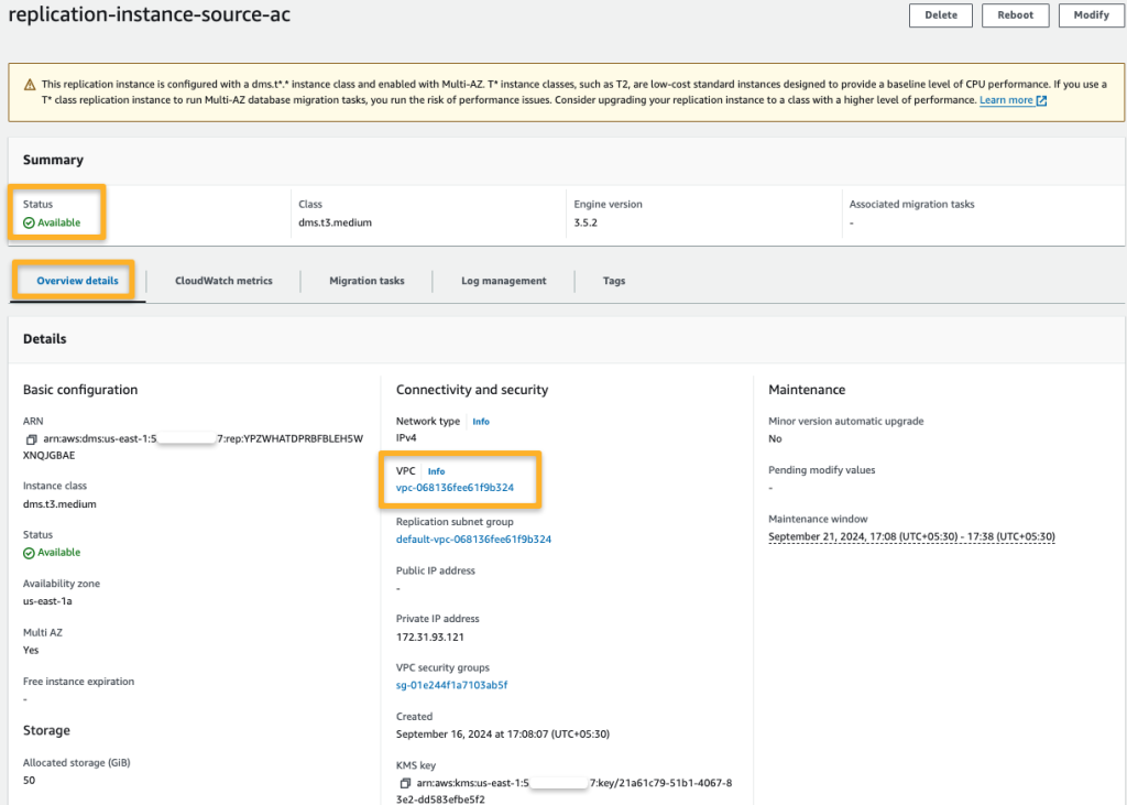 the creation of the replication instance and the configurations. 