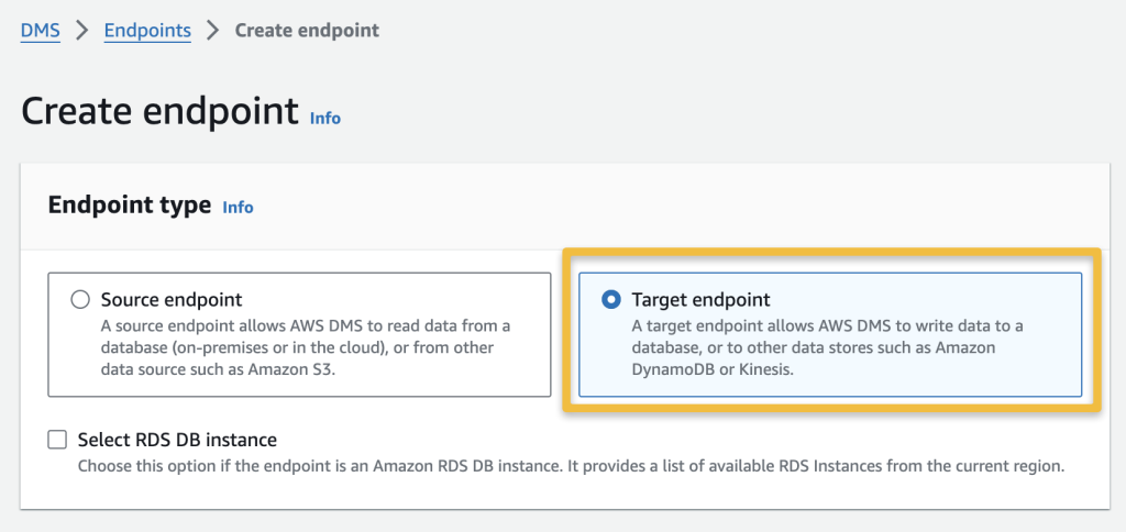 the endpoint creation of the destination rds