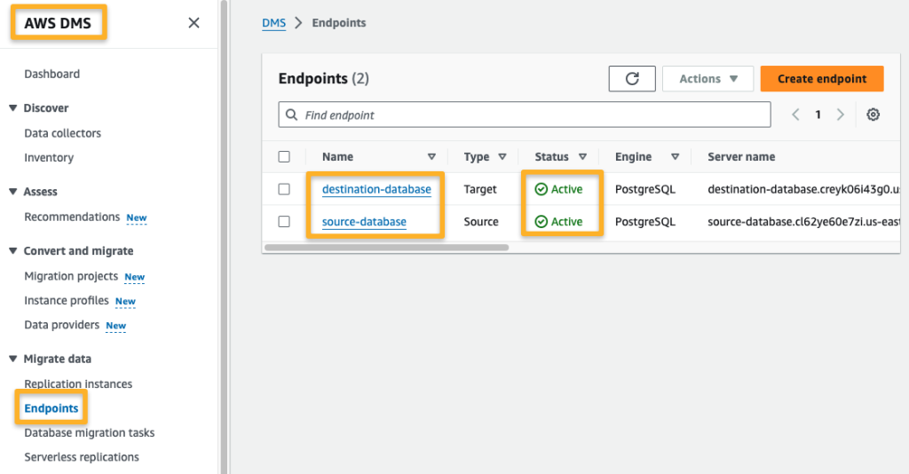 the endpoints of the source and destination rds 