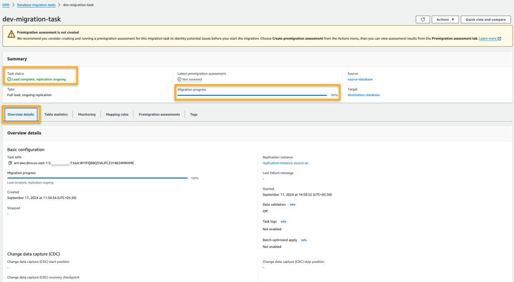 detailed information fo the database migration using the aws dms