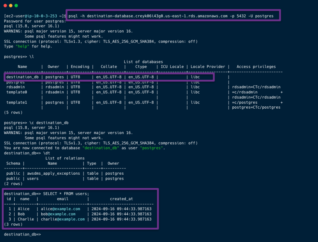 the validation of the database migration by connecting the destination database to an ec2 instance.