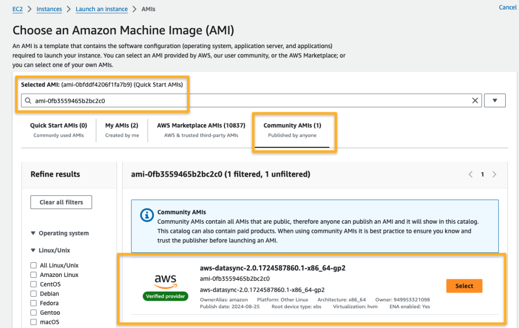 filter the datasync agent ami from the commnity ami section