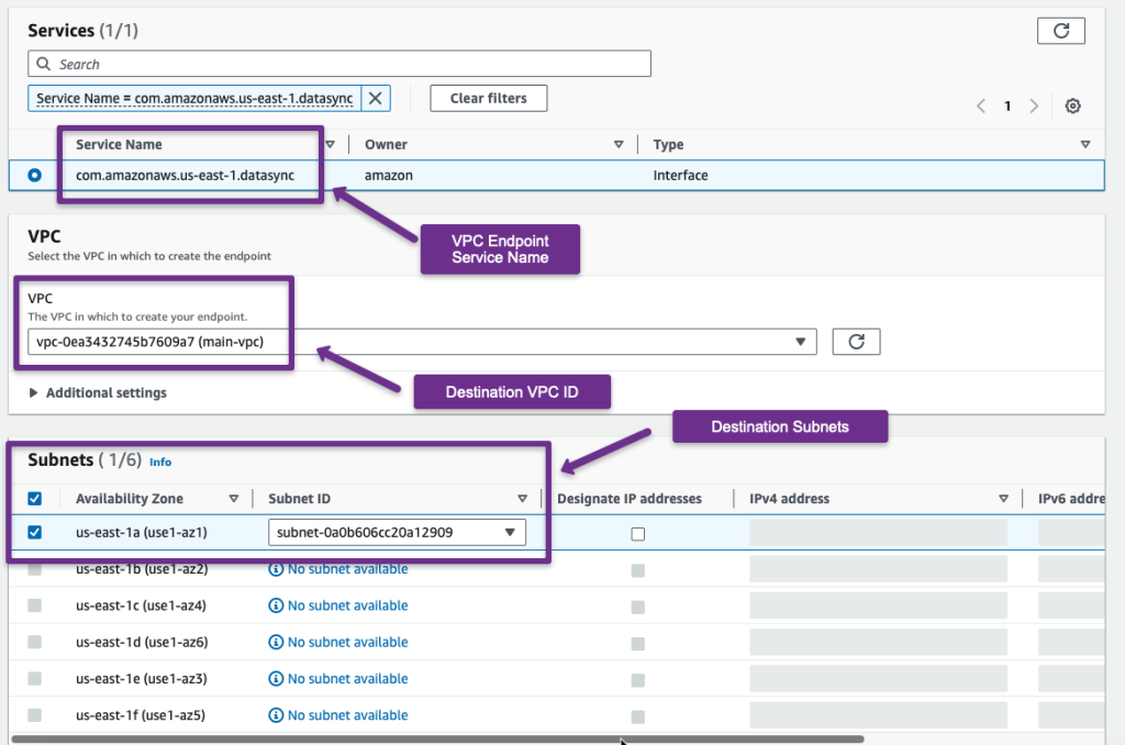 choosing the datasync service to create the vpc endpoint on the souce account