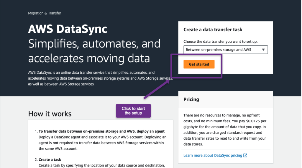 creation and configuration of the aws datasynce service from the source account 