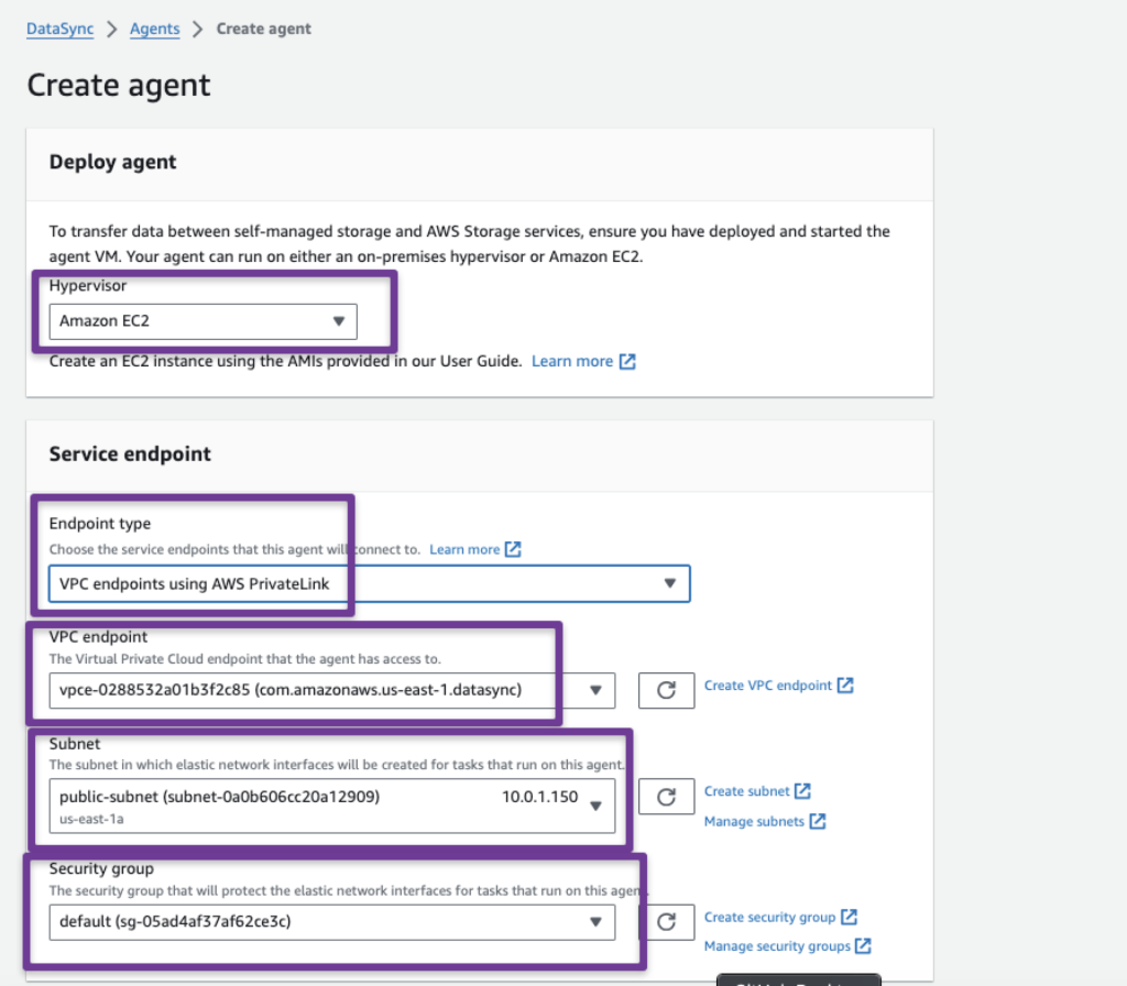 setup the hpervisor, endpoint type, endpoint, subnet and seurity group for the setup of the aws datasync