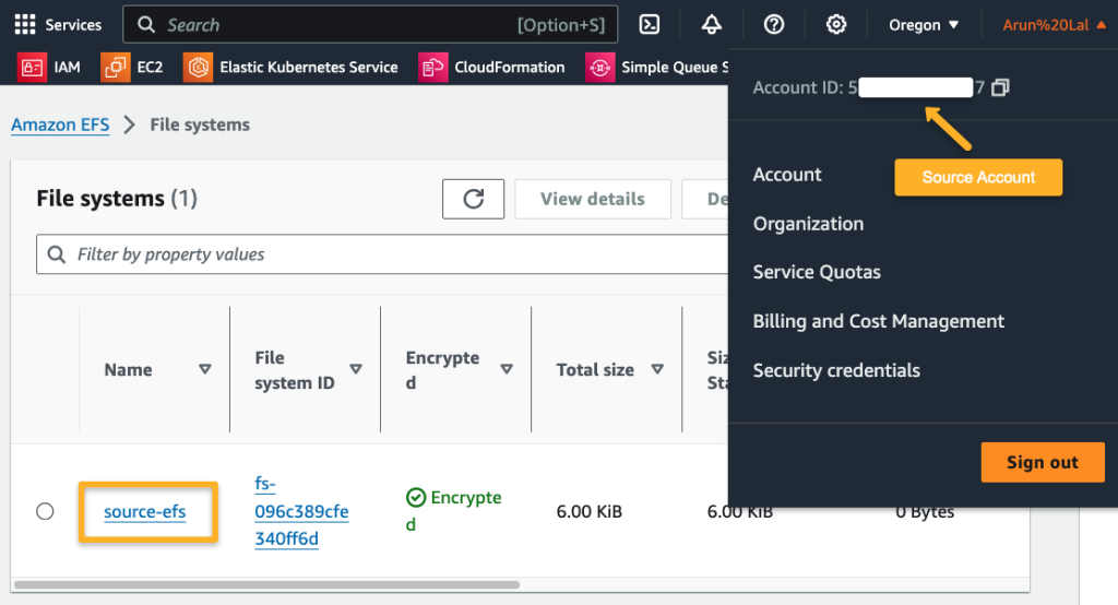 source account efs console