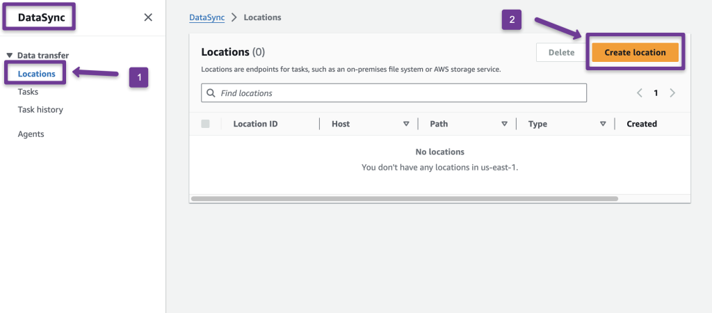 create datasync source location to create the datasync task