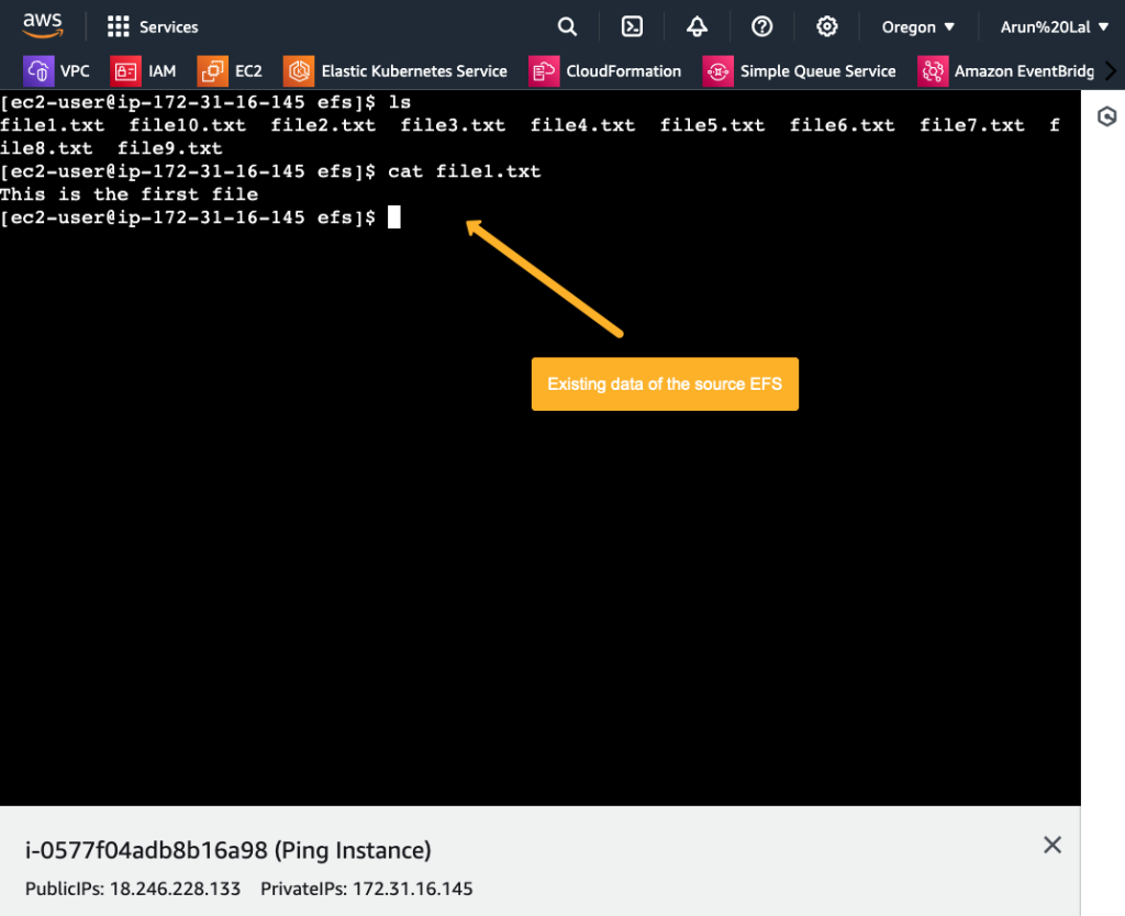 source account efs file system connected on an EC2 instance and the available efs data output.