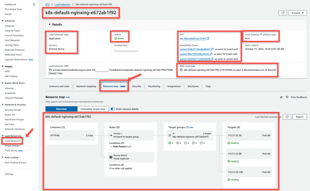 the load balancer information from the aws console and the resource mapping