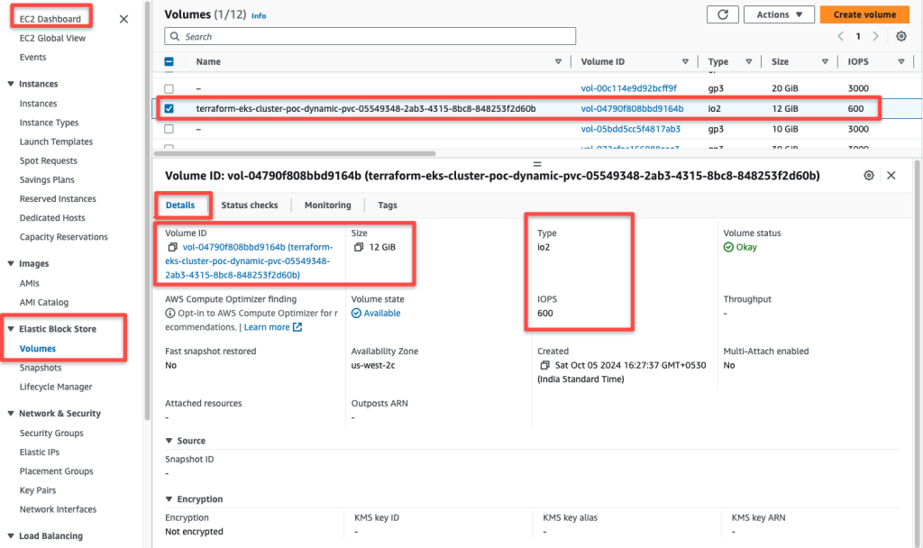 listing the availabe ebs volumes from the AWS ec2 console. 