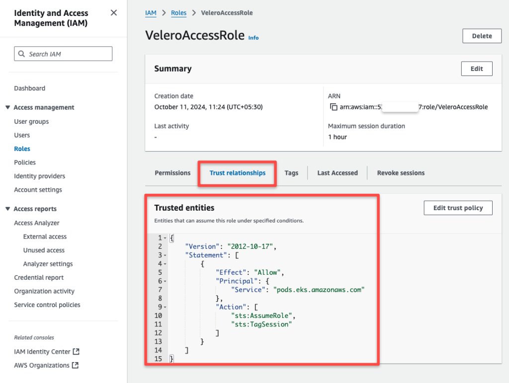 aws iam trust relationship for the velero iam role