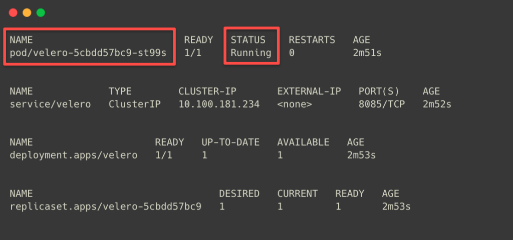 the velero deployment components list and status