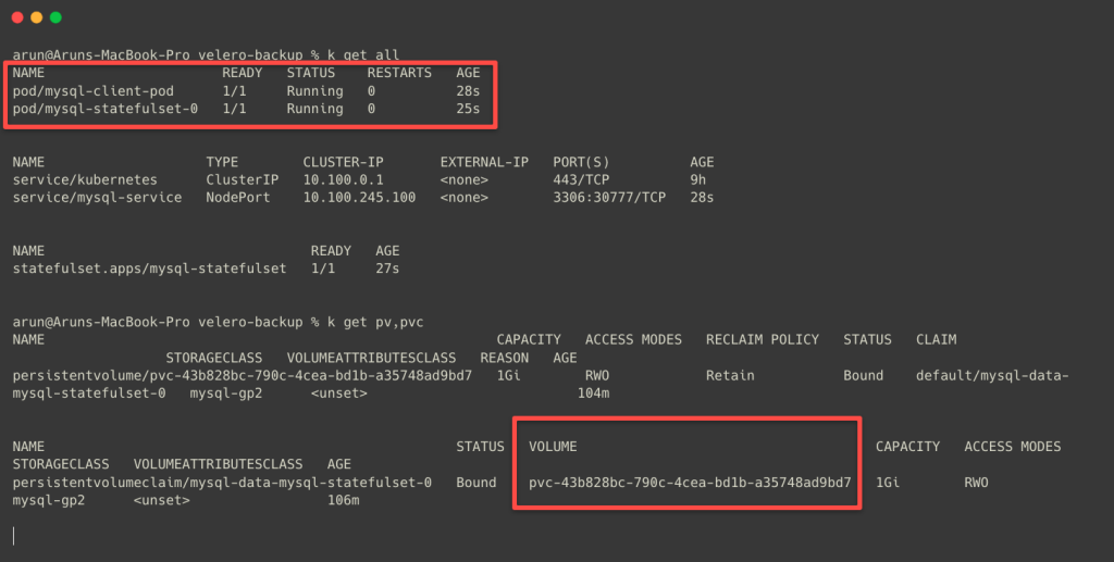 the demo deployment components to test the velero