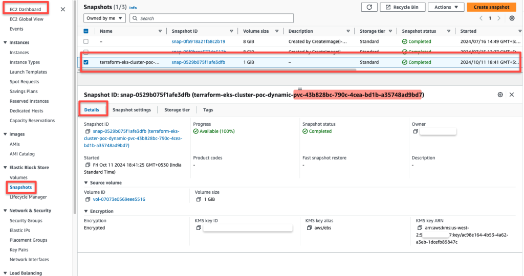 the ebs snapshot list created by the velero