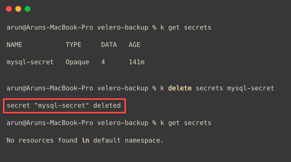 the secret delete message to check the velero demo