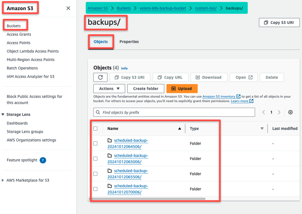 the available scheduled backup list on the aws s3