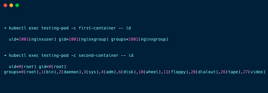 Output of running pod with both pod-level and container-level security context