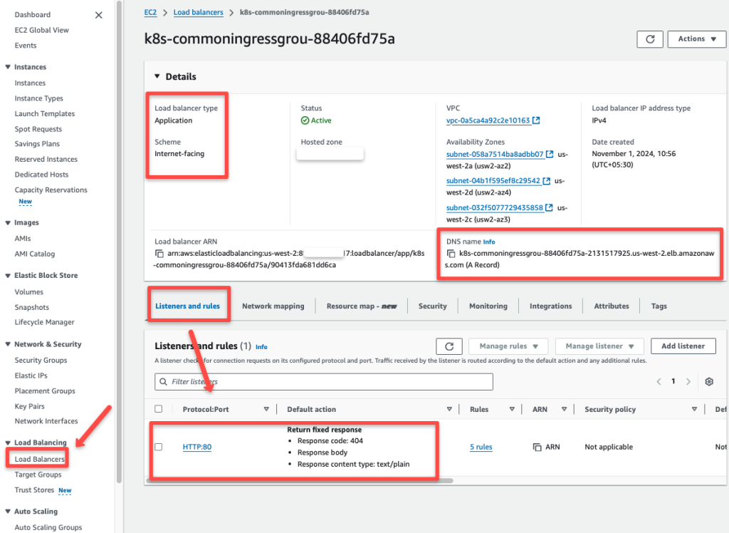 the load balancer creation output for the two applications