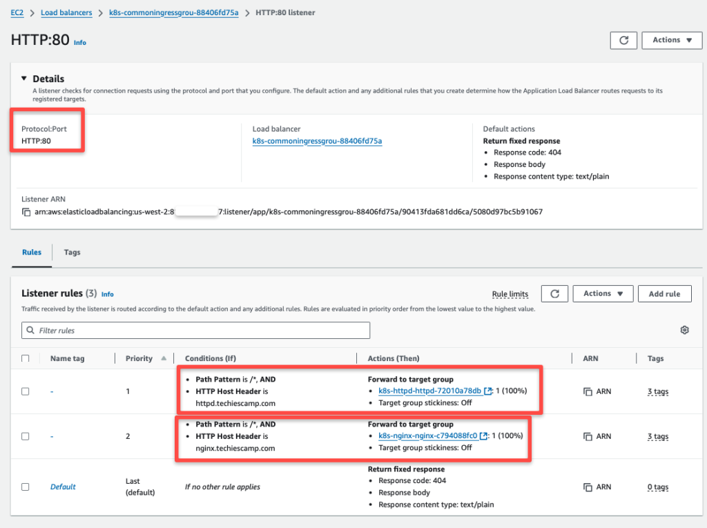 the listener details of the application load balancer.