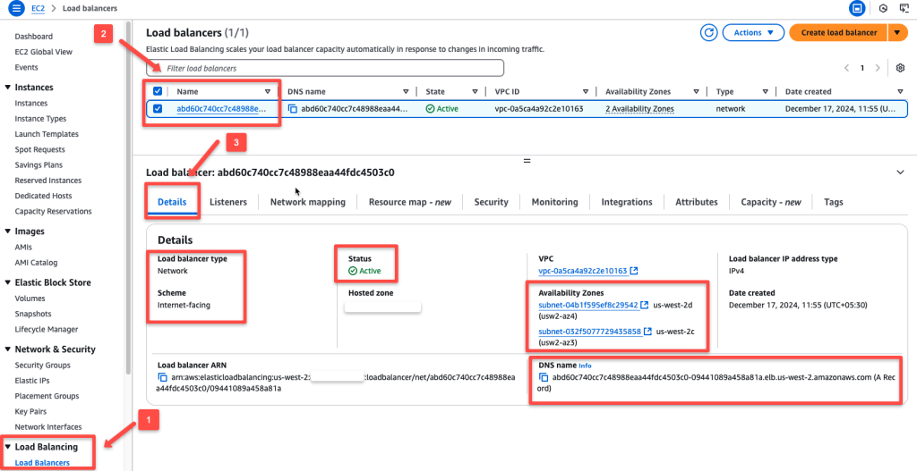 the aws user interface to ensure the network load balancer provisioned by the nginx ingress controller