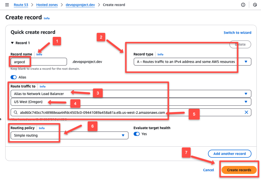 the recored configuration for the load balancer such as the record name, type and the routing policy.