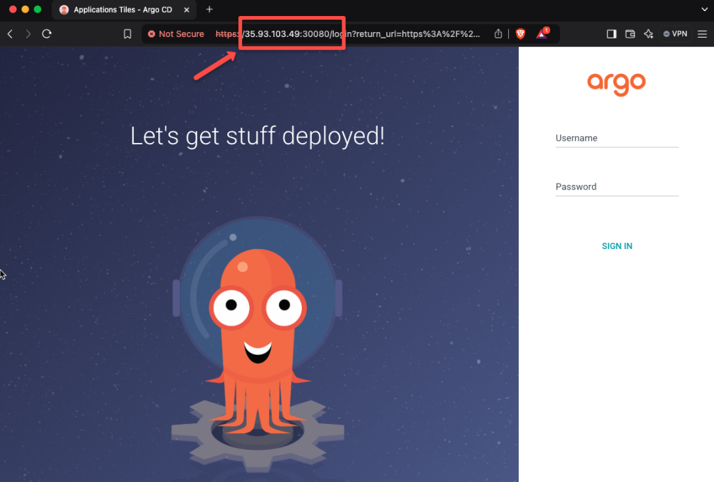 the argocd web interface and the pointing the public ip of the instance and the port number
